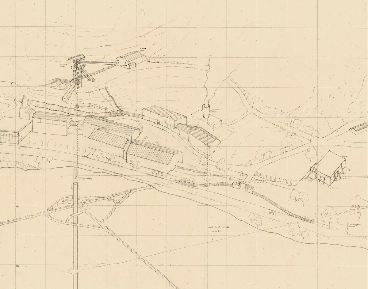 Pencil drawing on sepia paper, showing the buildings in 3D relation to each other and the landscape.