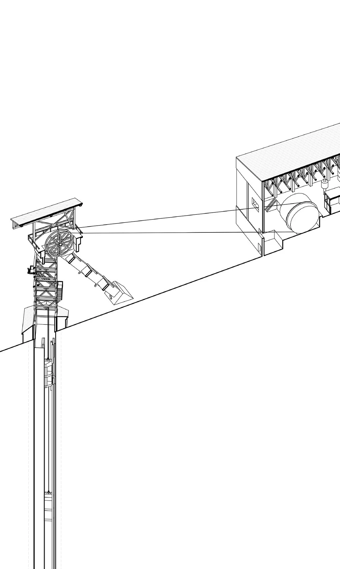 Black on white digital drawing with the elevator shaft foreground left, connected by a belt to a wheel in the winding house, to the right.