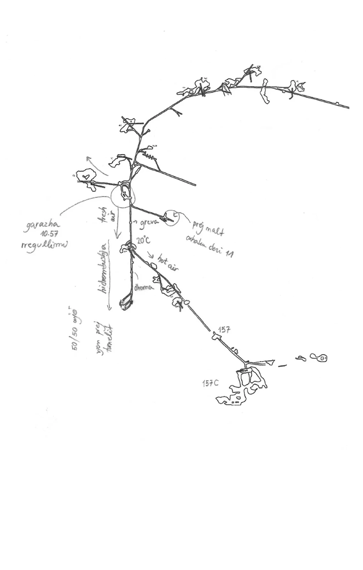 Black on white sketch of the horseshoe-shaped mine, with some areas labelled.