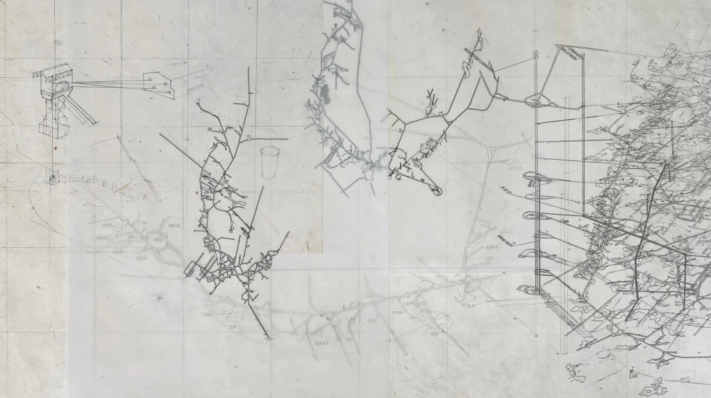 Pencil drawings of the mine structures and shafts on overlapping layers of tracing paper